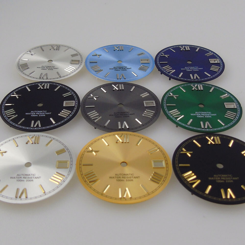 Silver Black Green 29mm Sunburst Watch Dial Gold Roman Numeral fit NH35 NH36