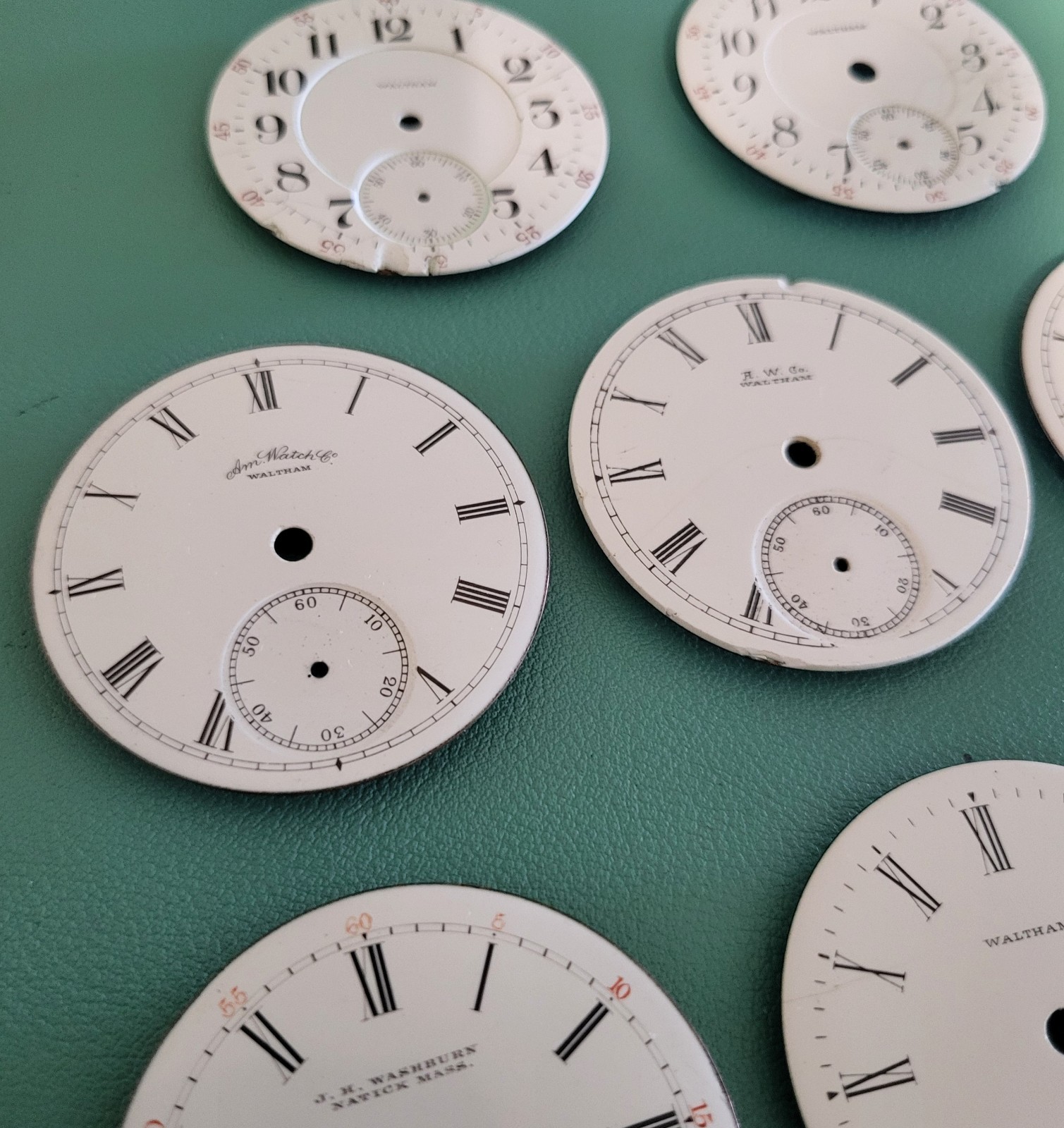 Eight 18s Waltham Enamel Dials For Parts Or Repairs