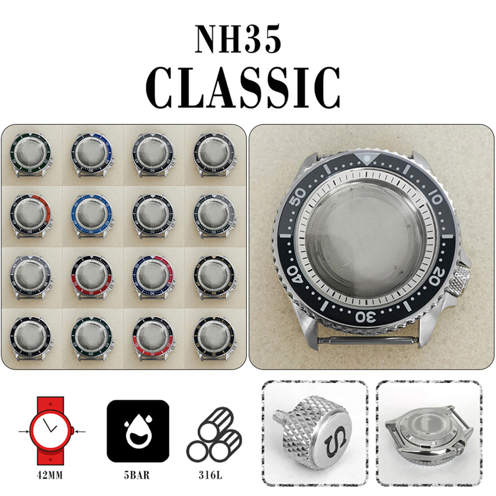 42MM Aluminum Bezel Sapphire Watch Case for NH35/NH36/4R36 SKX007 Watch Movement