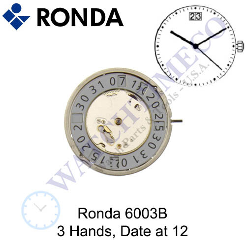 Genuine Ronda 6003B Watch Movement Swiss Parts 3 Hands, Date at 12