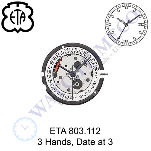 Genuine ETA 803.112 Watch Movement Swiss 3 Hands, Date at 3