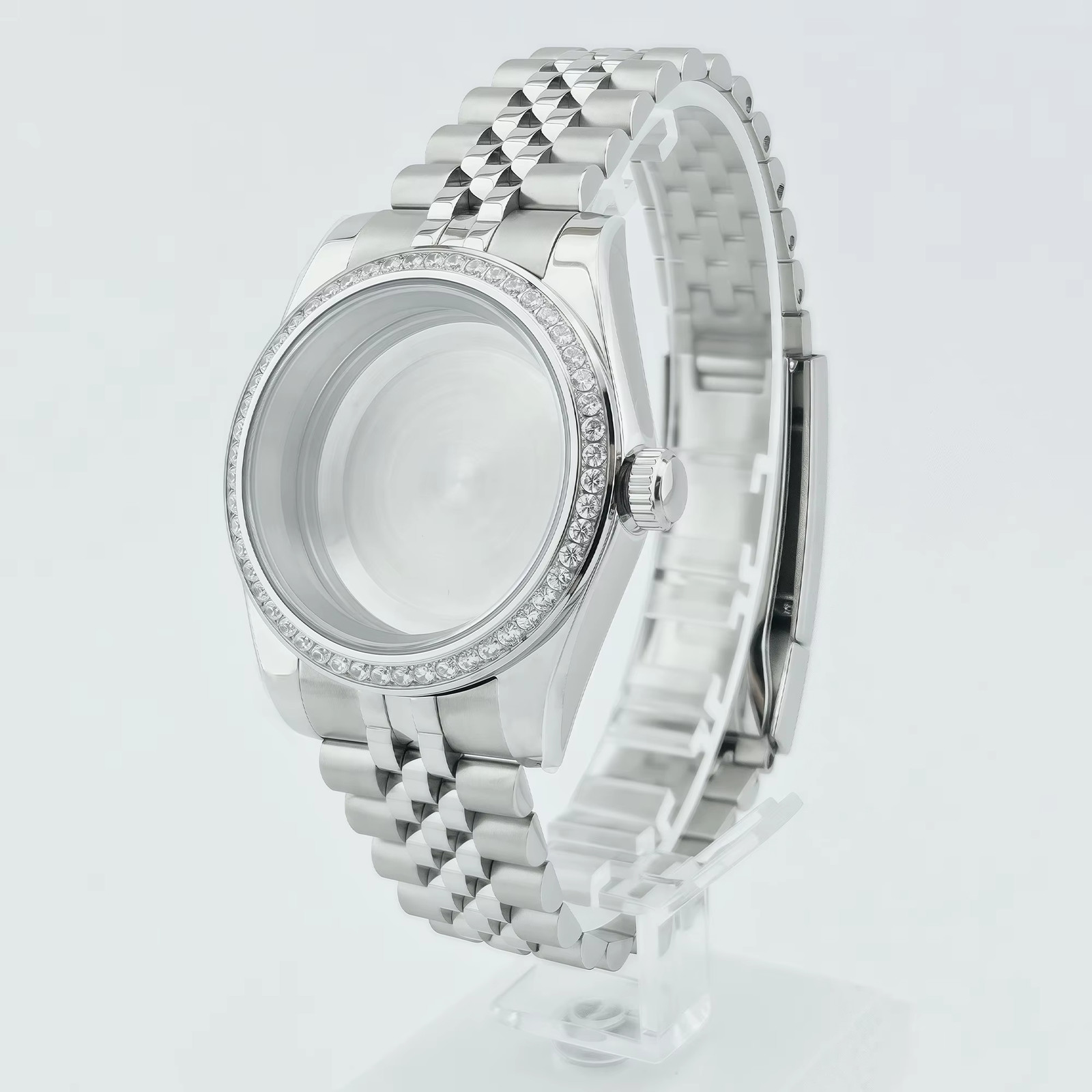 36Mm/40Mm Silver Watch Case Sapphire Glass Gemstone Bezel Fit NH35 NH36 NH34 ETA