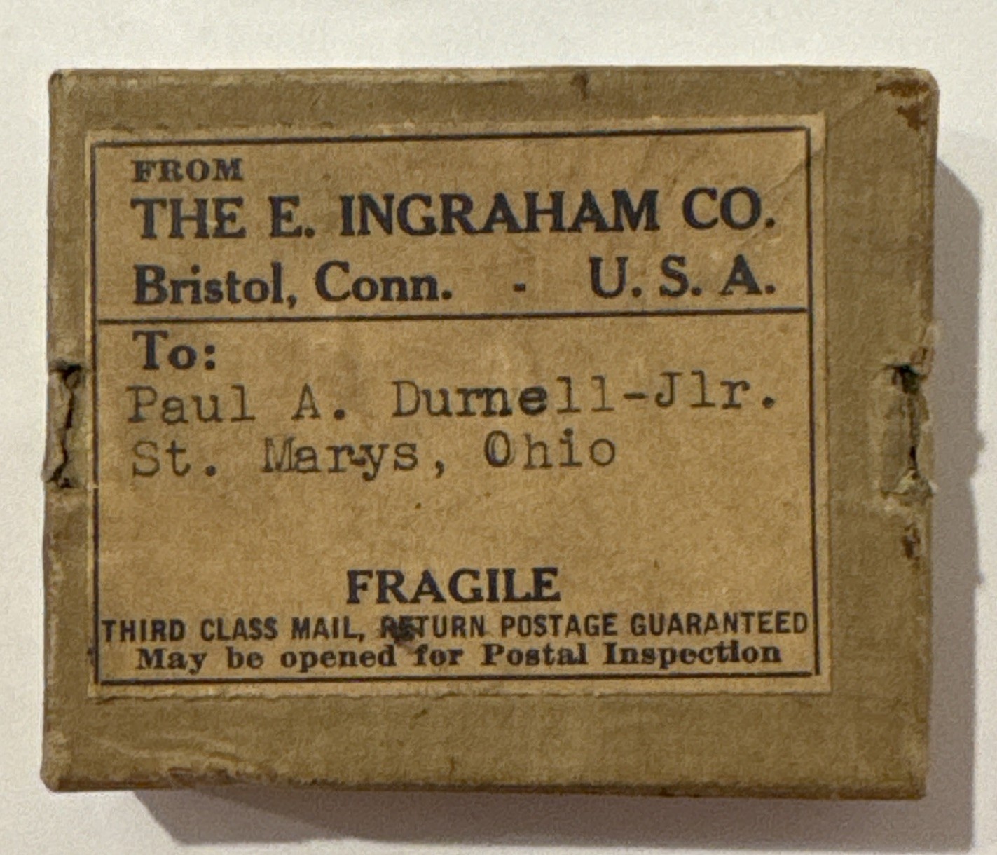 E Ingraham Co Watch Parts Shipping Box Bristol Connecticut 1900’s Circa Read