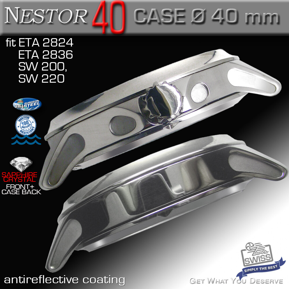 WATCH CASE NESTOR FOR ETA-2824/2836, SW 200/220,Ø 40 MM, ST.STEEL,SAPH.CRYSTAL,