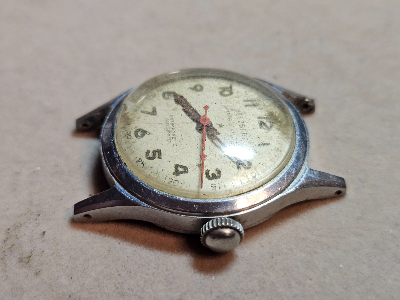 Vintage Helzberg Time-O-Matic Military Dial Auto Watch – Good Bal – Not Working