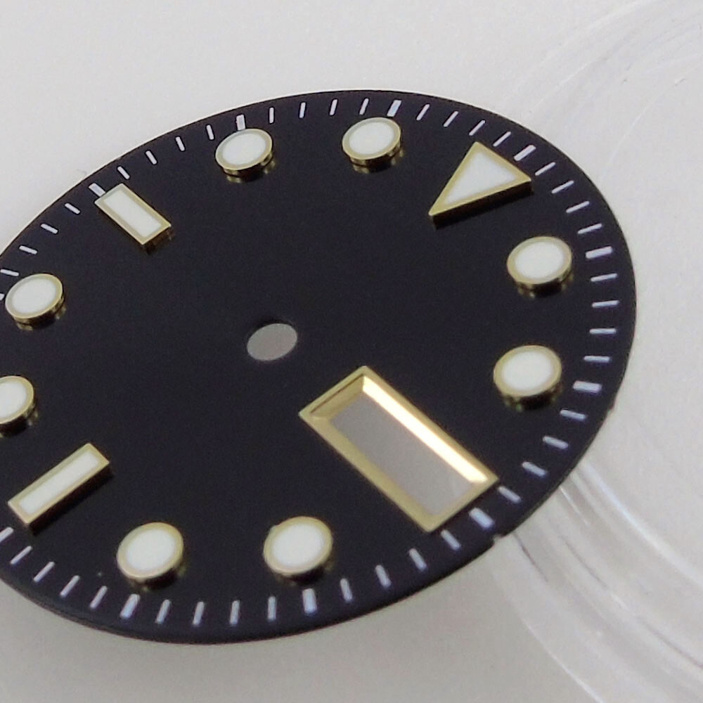 29mm Black Watches Dial Face For NH36A Movement Green Luminous Date Week Window