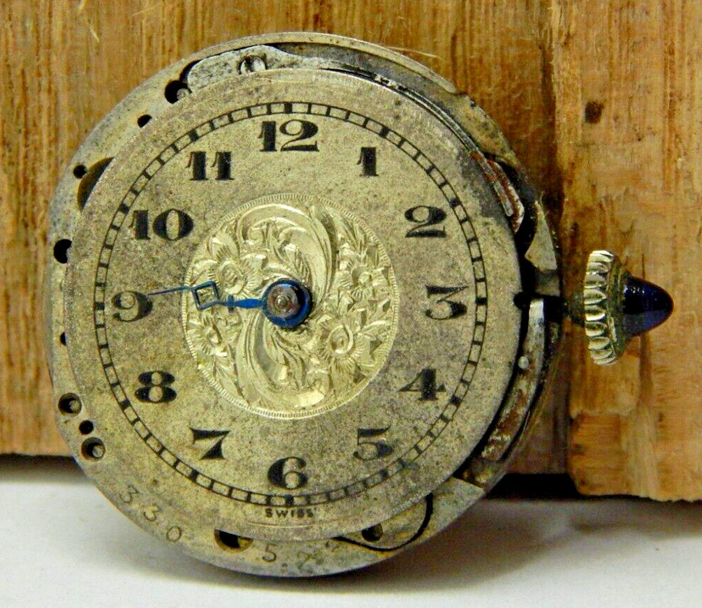 Vintage Meyer & Studeli 6 jewel 1 adjustment 0s watch movement with dial & crown