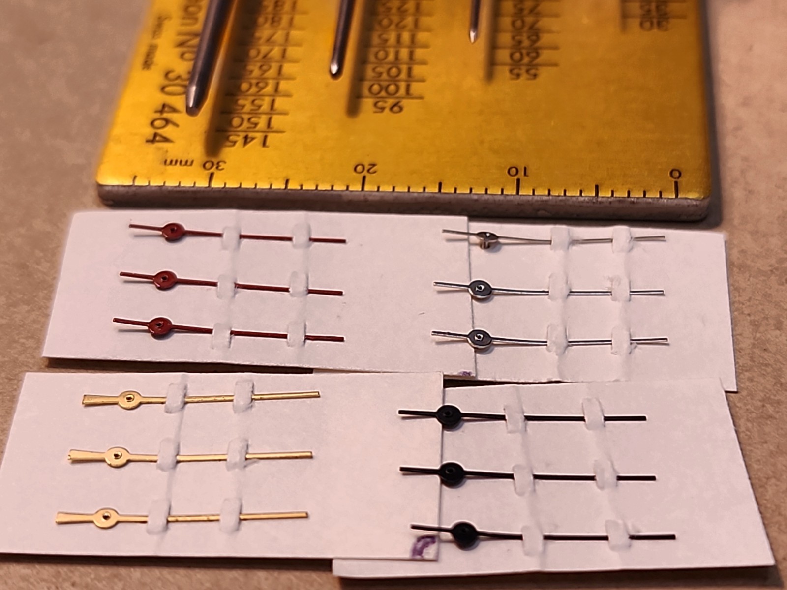 1 Dozen Vintage NOS Sweep Second Hands-Red, Black, Gilt, & Silver