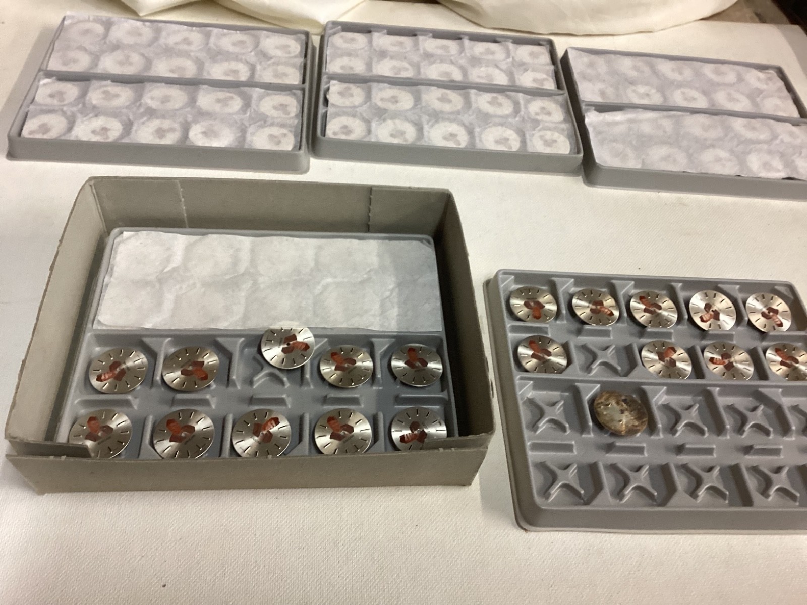 1960’s Box of 90 unused 24mm ENICAR 678_679 watch dials Robert Giavarini Suisse