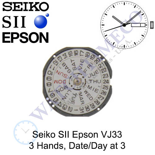 Genuine Seiko SII Epson VJ33 Watch Movement Japan 3 Hands, Date/Day at 3