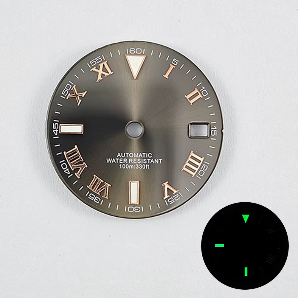 NH35 29Mm No Logo Sterile Sunburst Watch Dial for NH35A NH36 Movement Green Lumi