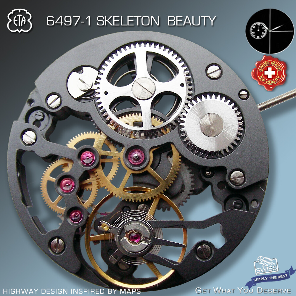 MOVEMENT ETA UNITAS 6497-1, “HIGHWAY” SKELETON BEAUTY, BLACK, SWISS