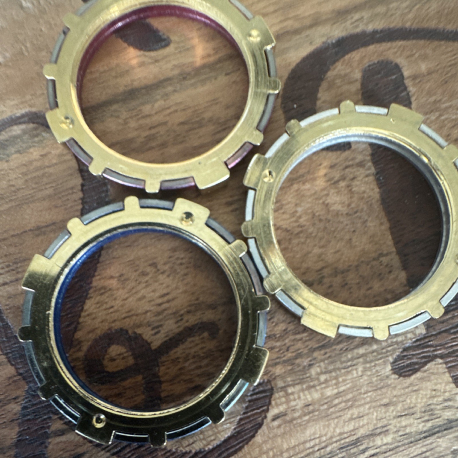 Set of 3 Metal Watch Bezels Red Blue Silver Gold Tone Minute Markers Ships Free!