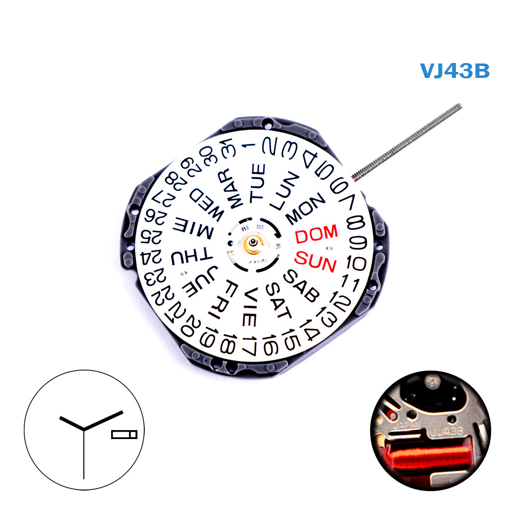 SEIKO VJ43B Japanese Quartz Movement, White Date- Day Disk at 3, 3 Hands.