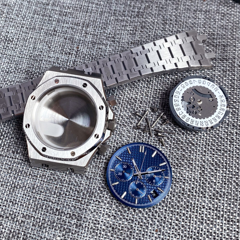 42mm Brushed Watch Case Bracelet 32.1mm Black Blue Dial Fit VK63 Quartz Sapphire