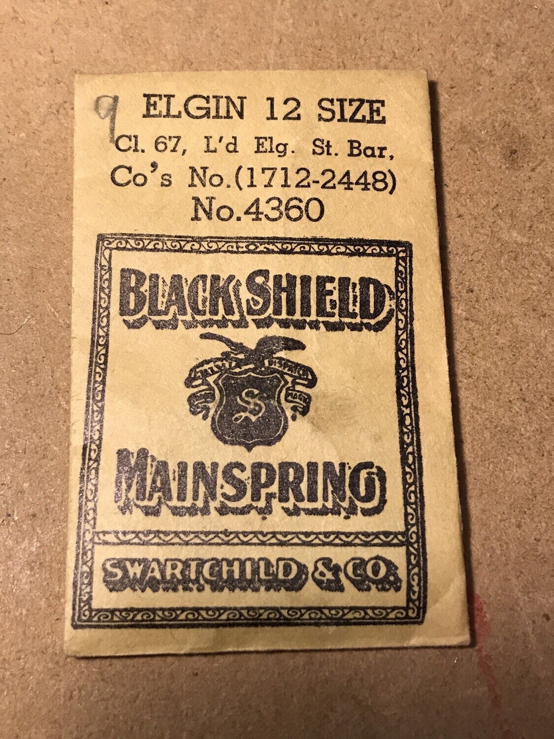 Swartchild Black Shield Mainspring #4360 for Elgin 12s No. 1712 – Steel