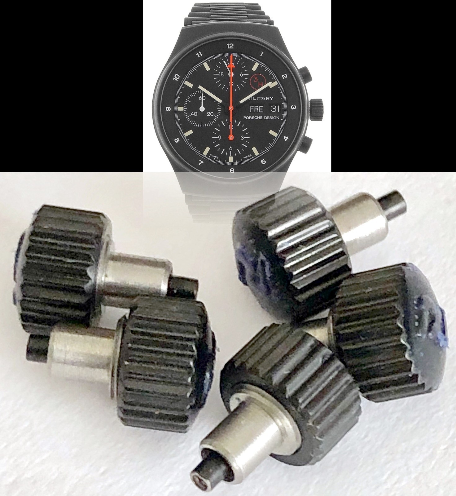 PORSCHE CHRONOGRAPH Lemania 5100 BLACK CASE TUBE and CROWN Factory Genuine Origi