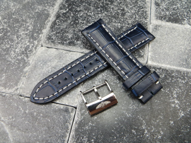 24mm Grain Leather Strap Blue Watch Band with OEM BREITLING Tang Buckle White