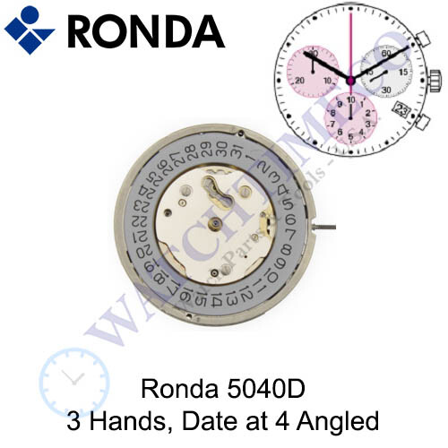 Genuine Ronda 5040D Watch Movement Swiss Parts 3 Hands, Date at 4 Angled