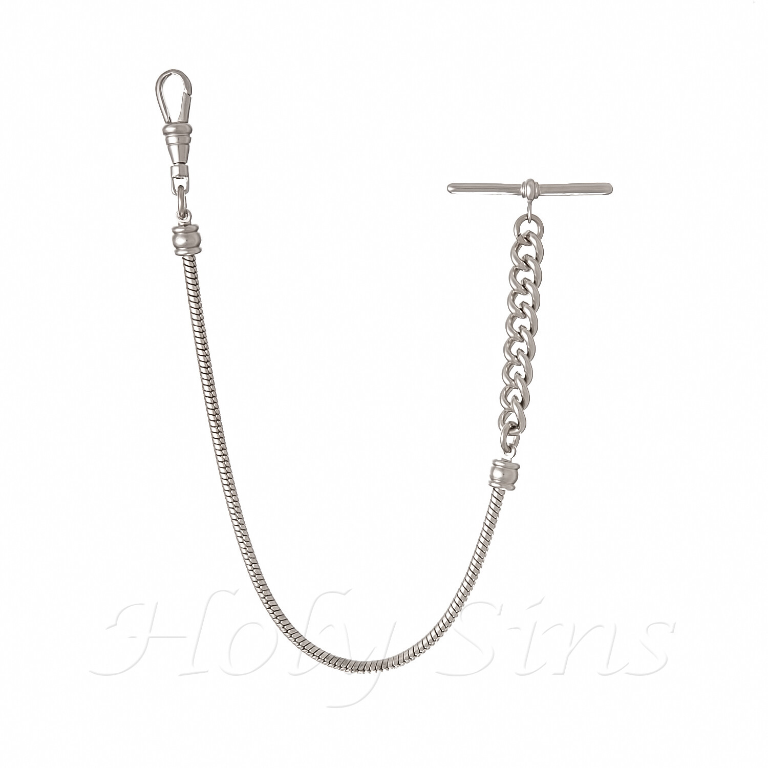 Brand New Silver Colour Single Albert Pocket Watch Snake Chain With T-bar