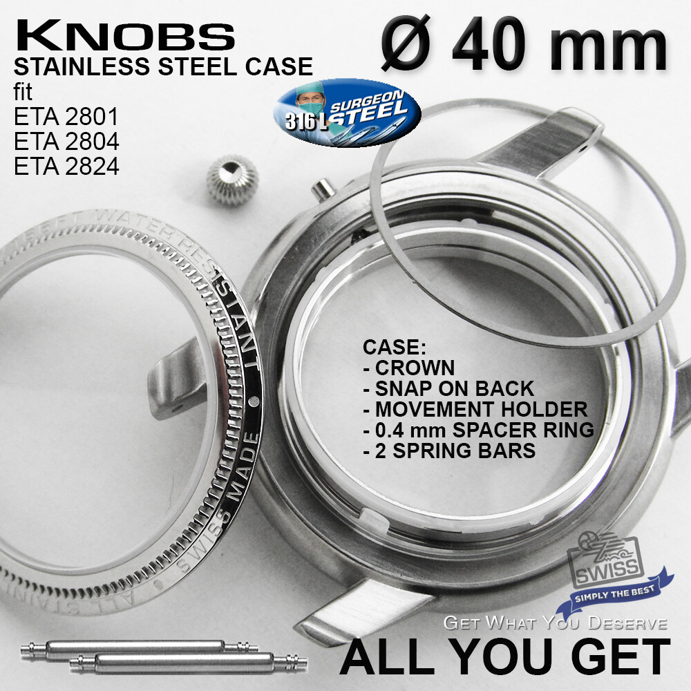 WATCH CASE KNOBS Ø 40 MM, WR 50 M, FOR ETA 2824-2 +++ SW 200 +++, ST. STEEL