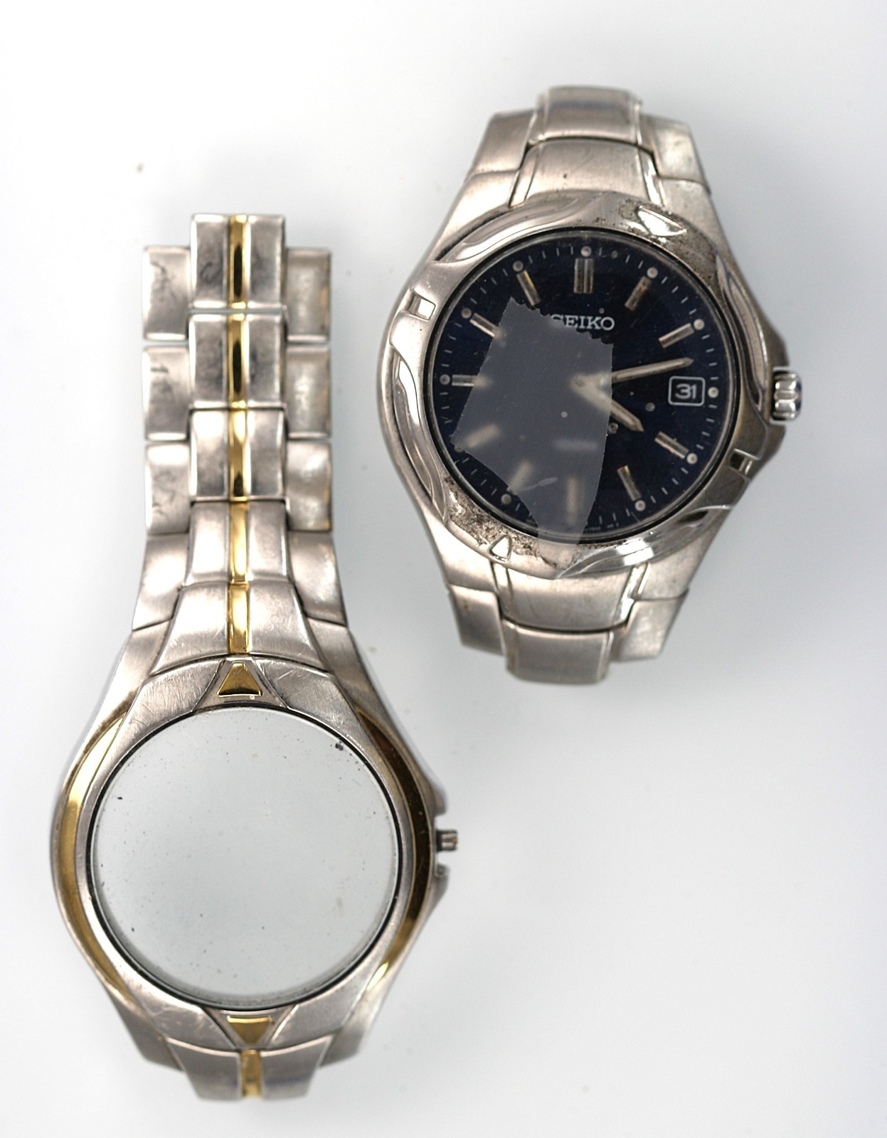 Seiko Watch Men Silver Gold Stainless St 100m Batt Date Blue Quartz NON-WORKING