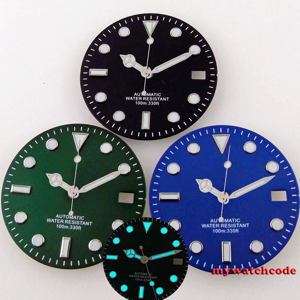 Blue green Luminous 29mm Black Green dial Watch Dial for Nh36A NH35A 2824 PT5000