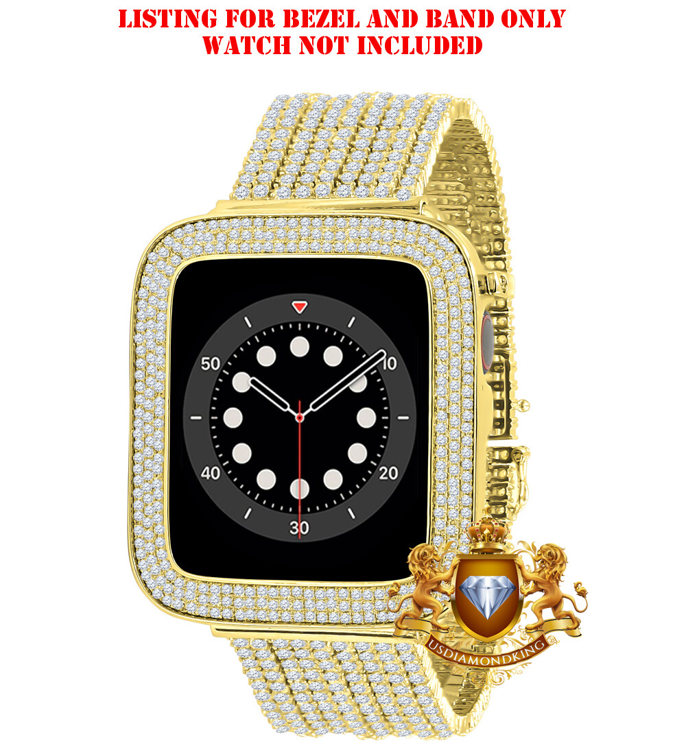 Gold Tone Apple Watch Custom Micro Pave Bezel & Band Combo Set 44mm Fit # 4,5,6