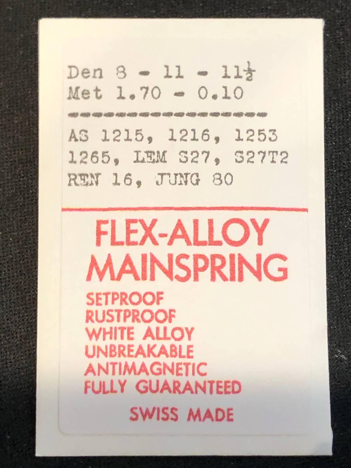 Flex-Alloy Mainspring for AS 1215, 1216, 1253, 1265, Lemina S27, S27T2 – Alloy