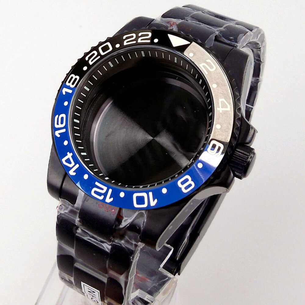 40mm Black PVD Sapphire Glass Watch Case Fit NH35A NH36A ETA2824 PT5000 Rubber