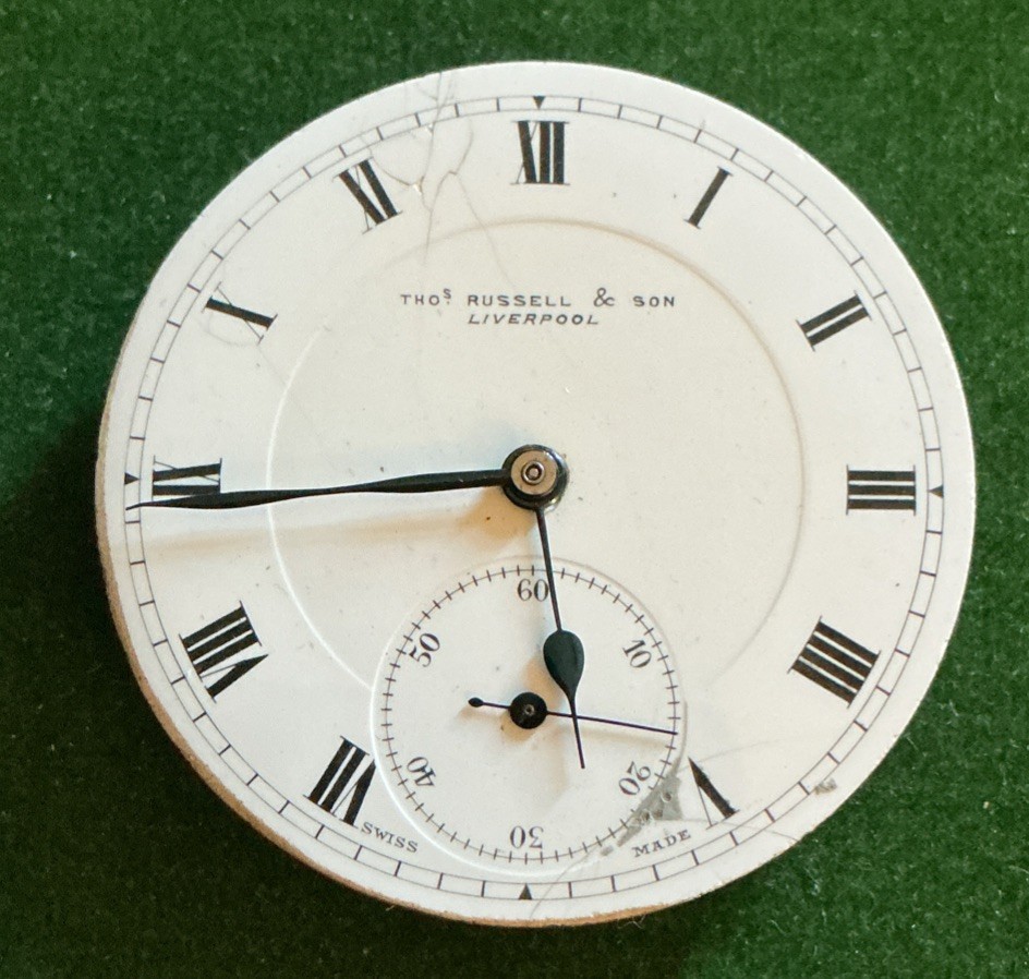 Vintage Men’s Thos Russell & Son Liverpool Pocket Watch Movement & Face Only S/r