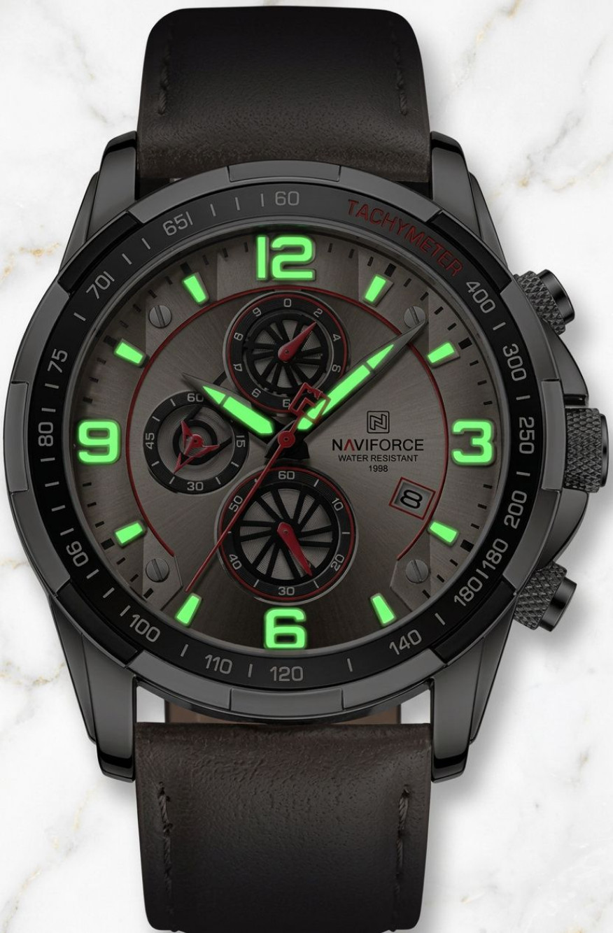Men’s Sporty Watch Analog Quartz Chronograph Gold Dial Gray Leather Strap