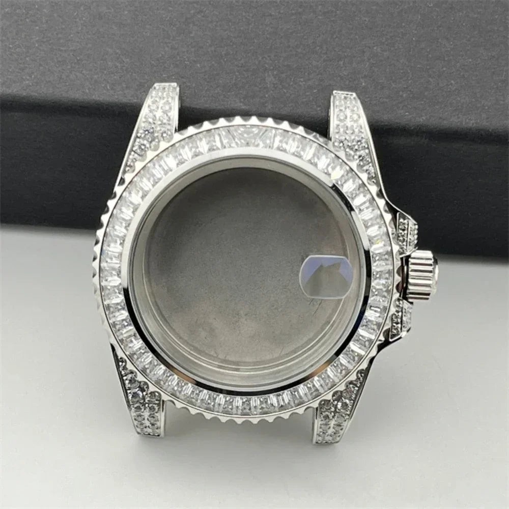 40.5mm Diamond Steel Watch Case with Strap Sapphire Glass for NH34/NH35/NH36