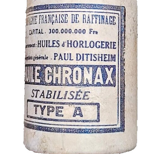 Watchmaker Oil Tin France Lithograph Huile Chronax (empty) 1930’s Art Deco