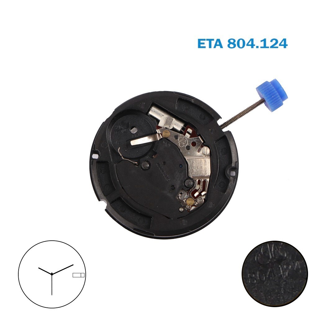 ETA 804.124 Swiss Movement, White Date-Day Disks at 3, 3 Hands, Quartz Movement.