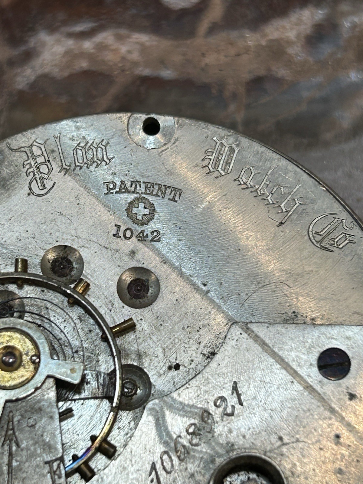 Antique Plan Watch Co Swiss Pocket Watch Movement Patent 1042 Running Elephant
