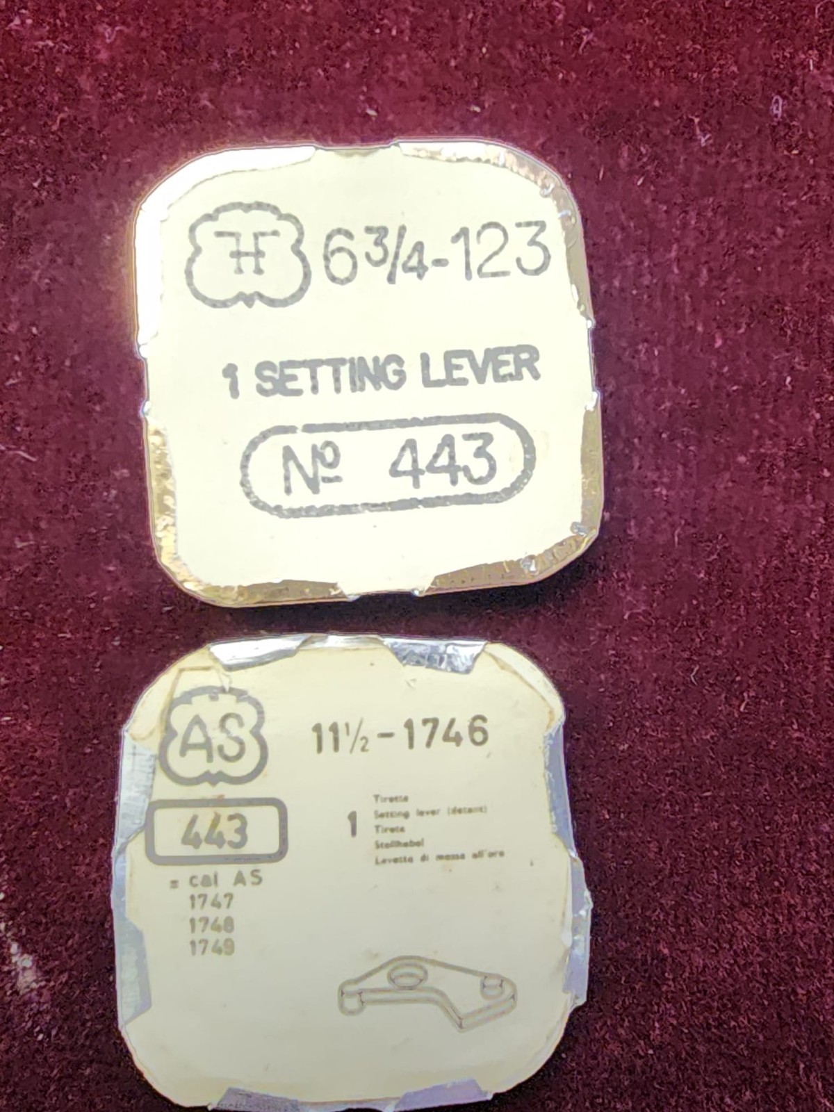 Vintage Swiss Watch Parts – AS 11½–1746 & H 6¾–123 Setting Levers No. 443 – Pre-