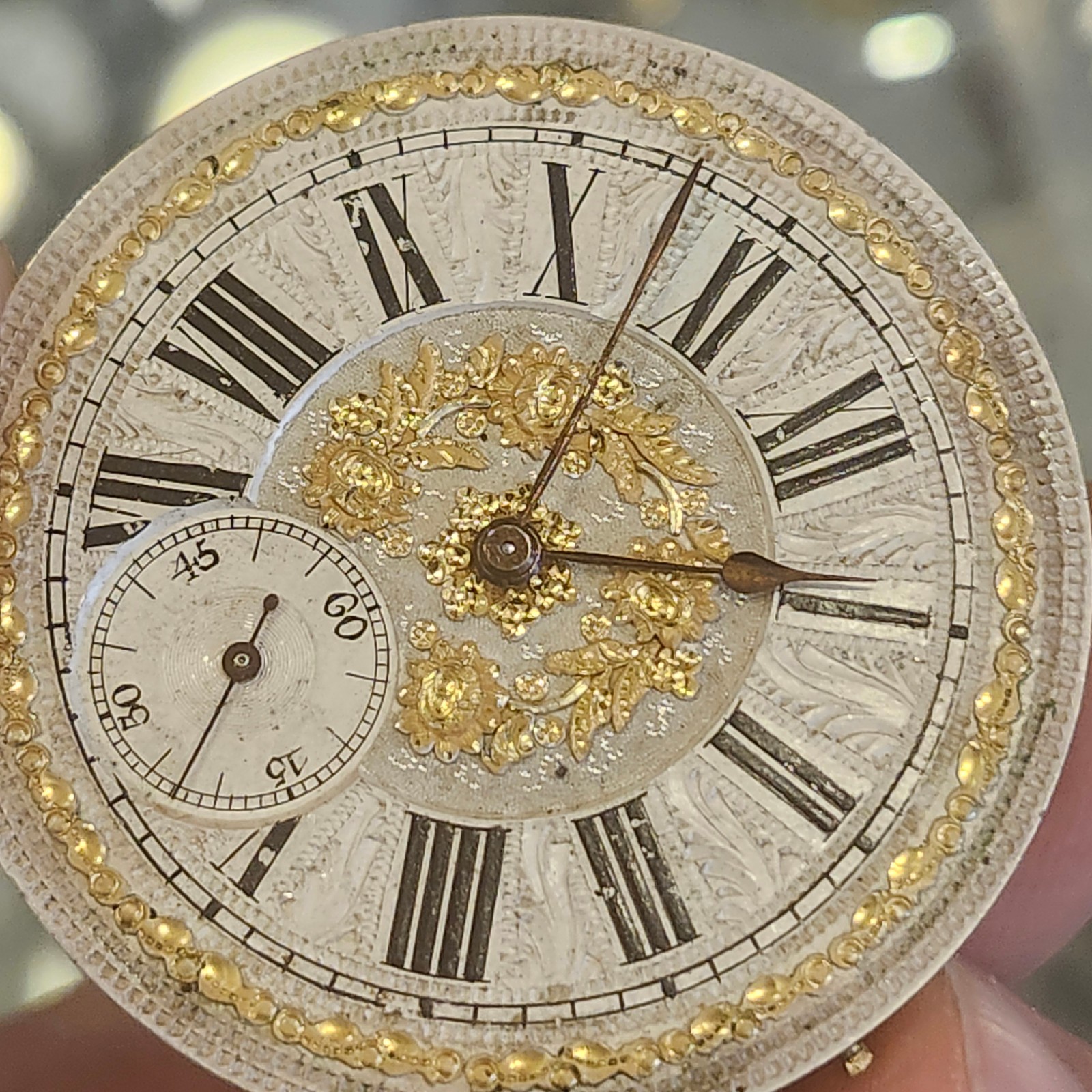Antique Ch. Ed. Lardet Fleurier Swiss Pocket Watch Movement & Silver Floral Dial