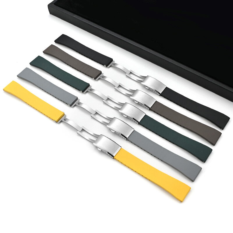 FKM Rubber Watch Strap With 316L Steel Deployant Band Butterfly Clasp