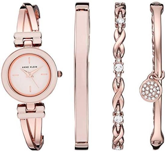 Women’s Bangle Watch and Premium Crystal Accented Bracelet Set Rose Gold/Pink