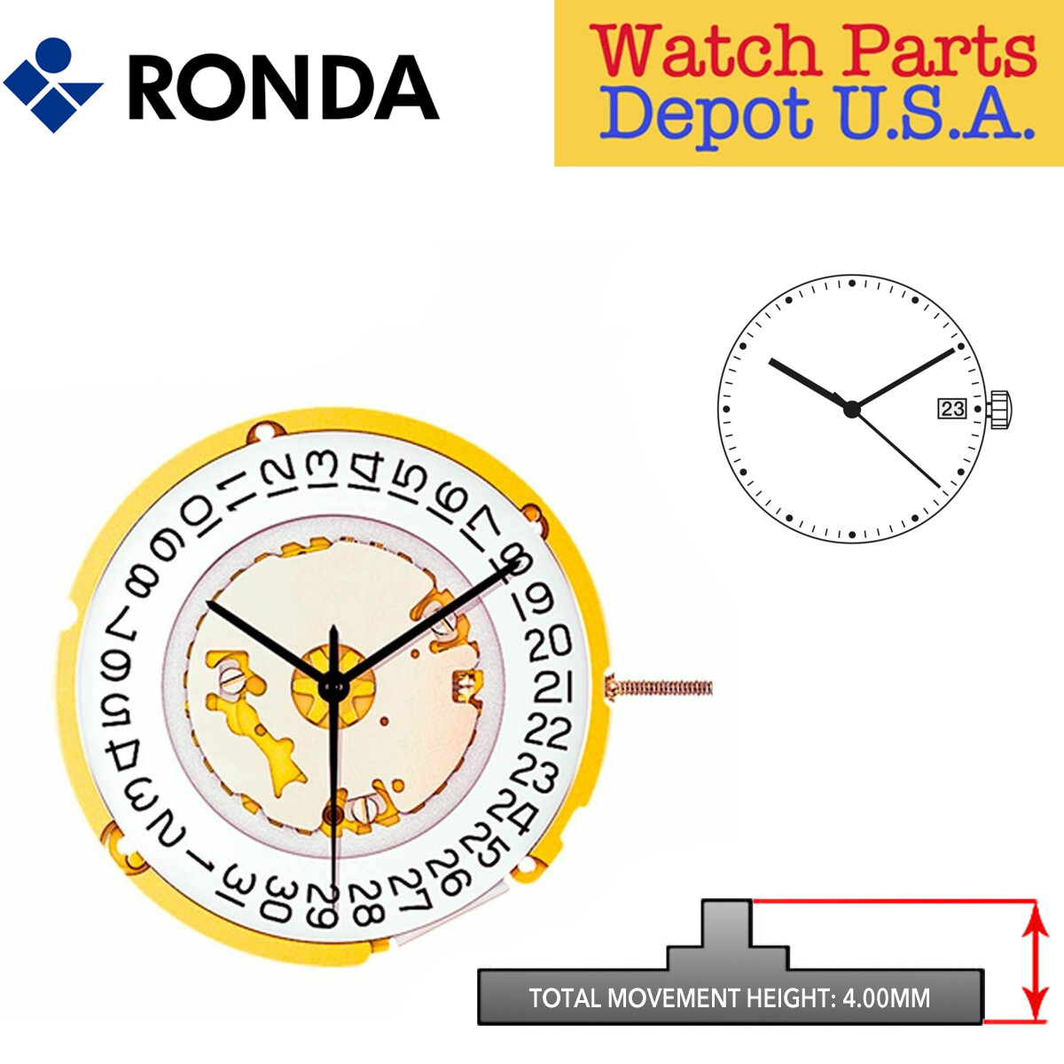 Ronda 6003.D Quartz Watch Movement, 3 Hands, Date at 3 (Swiss Made)