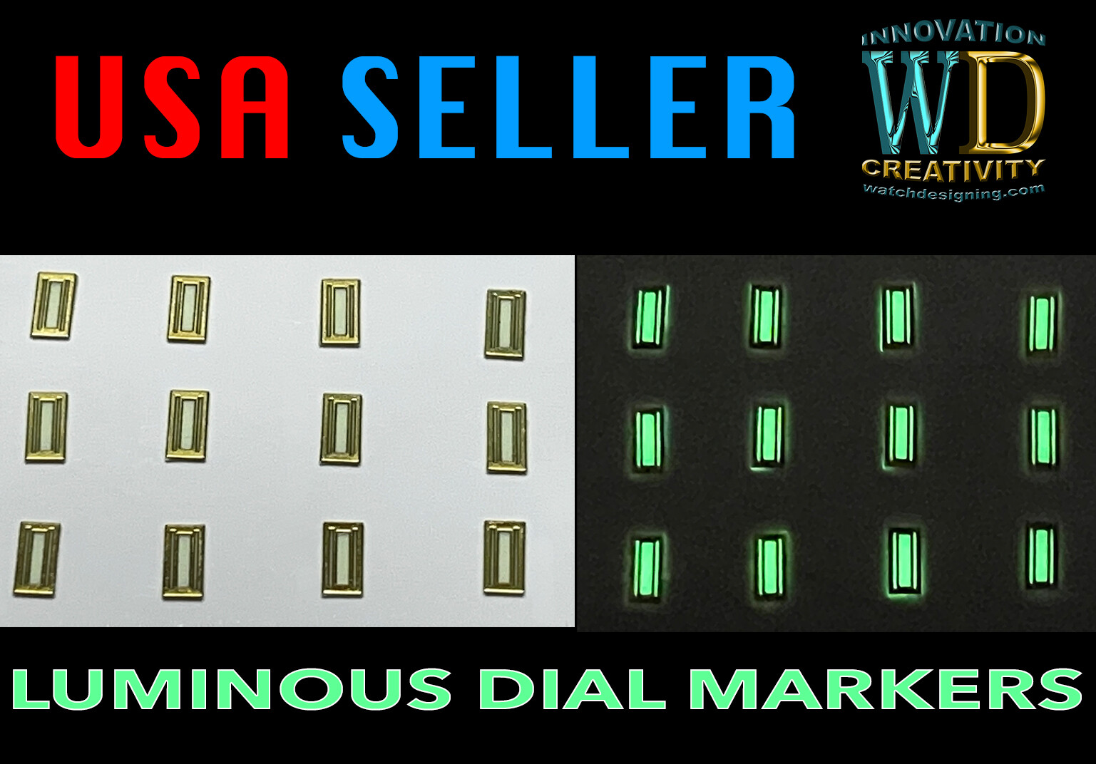 Watch Dial Hour Markers 12 pieces Green Blue LUMINOUS Indices Dots Rectangles