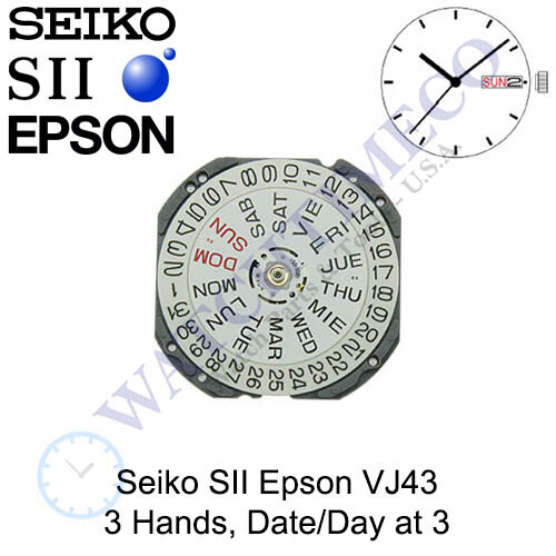 Genuine Seiko SII Epson VJ43 Watch Movement Japan 3 Hands, Date/Day at 3