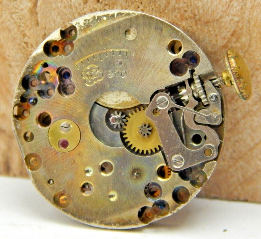 Vintage Banner 7 jewel AS 970 12/0s wrist watch movement with crown and stem