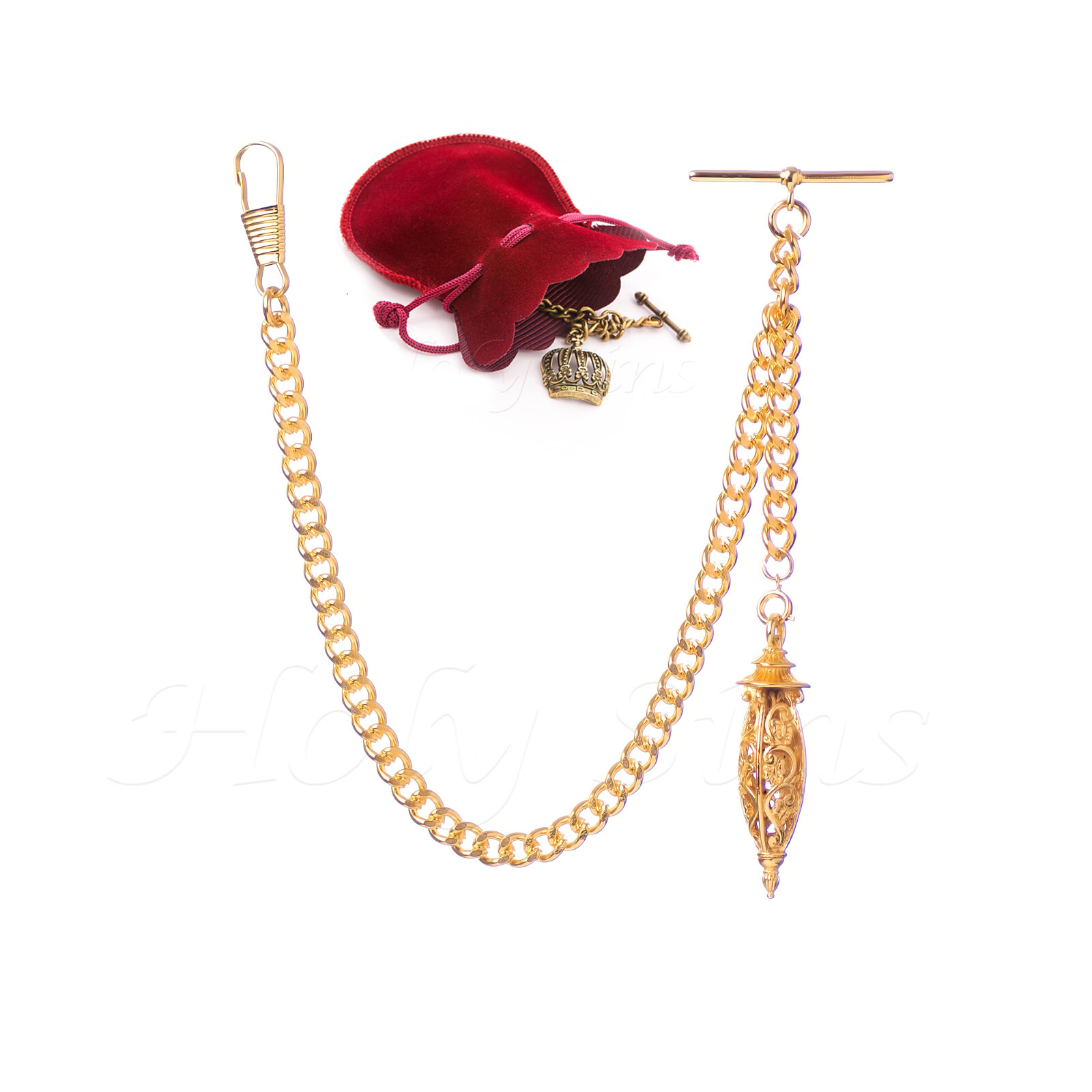 Brand New Gold Colour Single Albert Pocket Watch Fob Chain With Hollow Pendant