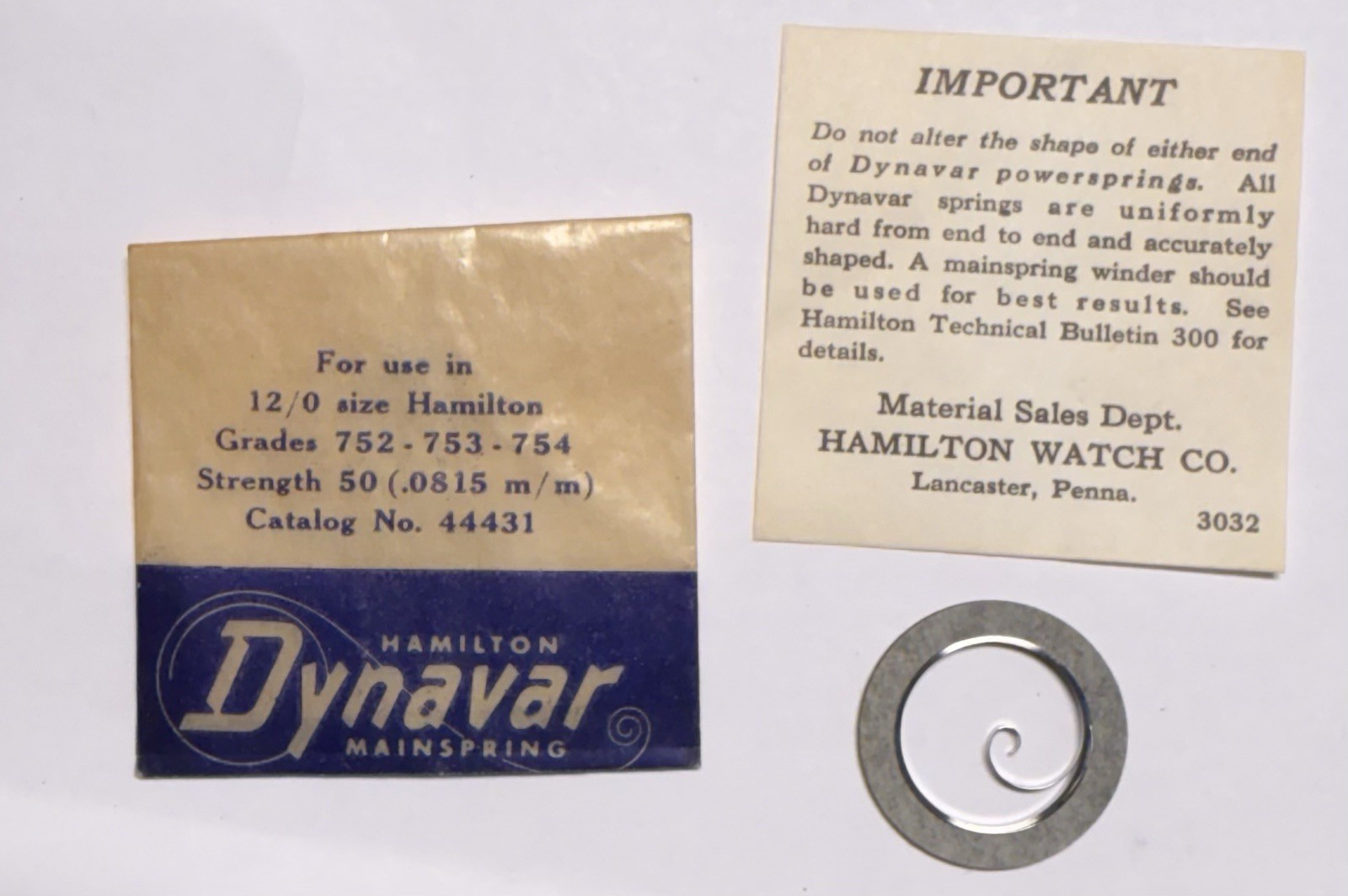 NOS Genuine Hamilton 12/0 Dynavar Alloy Cat 44431 Mainspring 752, 753, 754 & 770