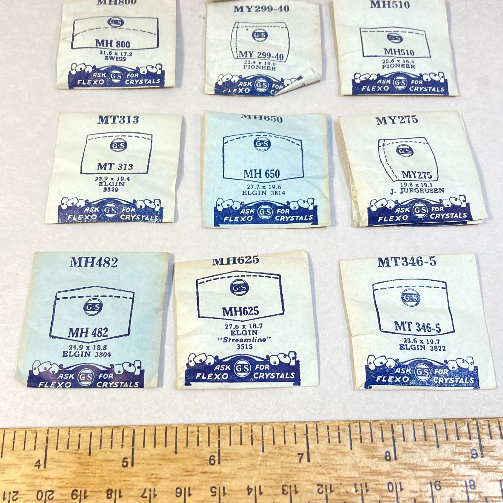 Vintage G-S Flexo Plastic Watch Crystal 9 Pc Elgin Pioneer Replacement Parts USA