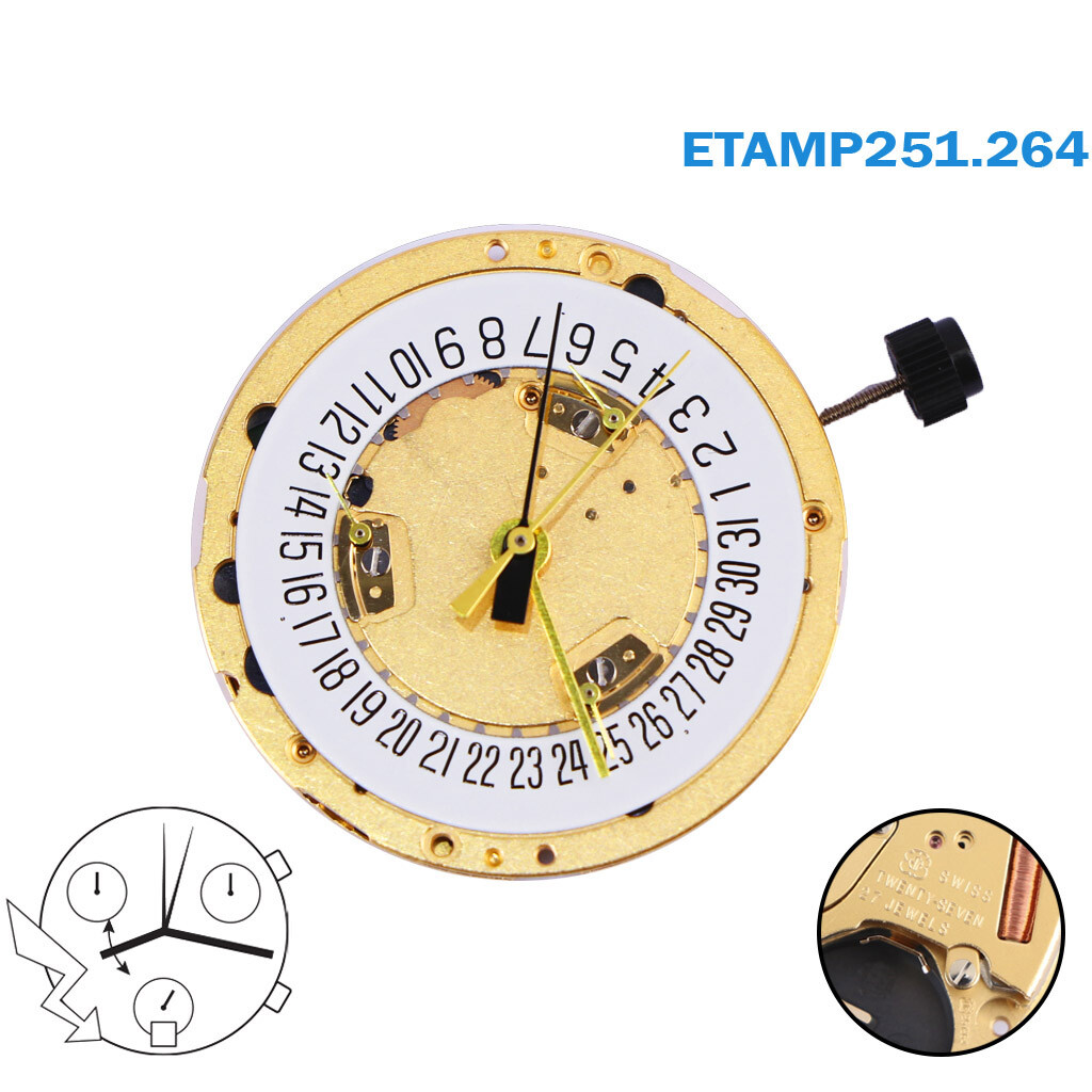 ETA 251.264 Swiss Movement, CHRONO 13 1/4, HEIGHT 5.00, HAND-FIT (1), Date On 6.