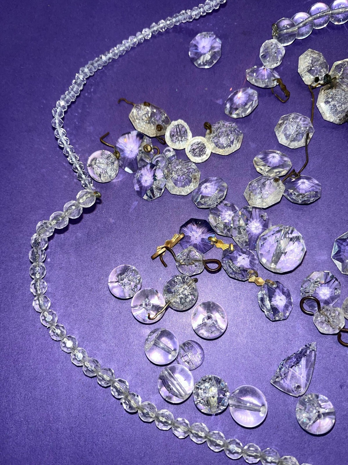 Antique Crystal Lot, 4 Wired Glass Crystals Longest 11″, Round Antique crystals,