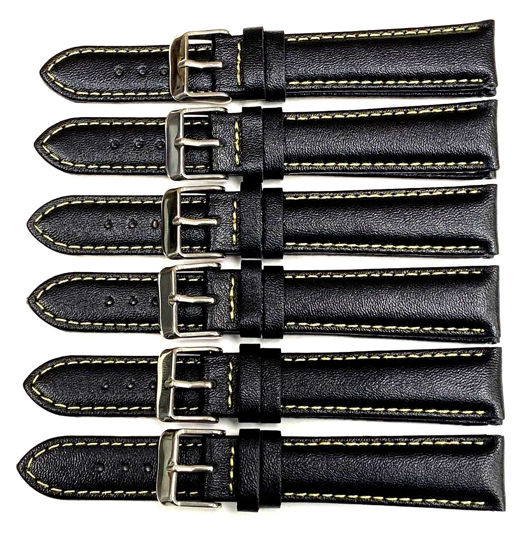 Watch Band Genuine Leather Plain PADDED With Stitches Black Color Of Size 18MM